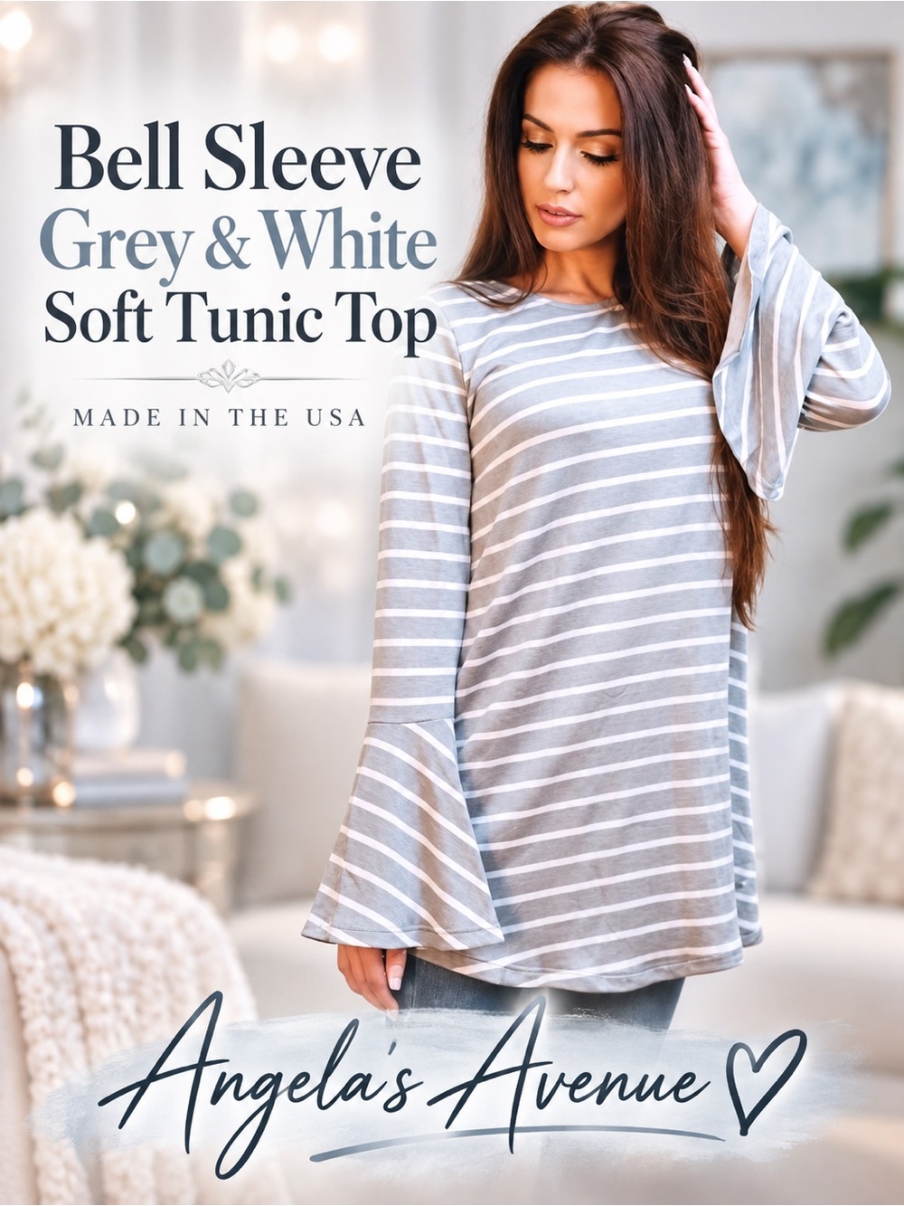 Tunic Grey~White Soft Top with Bell Sleeves NEW